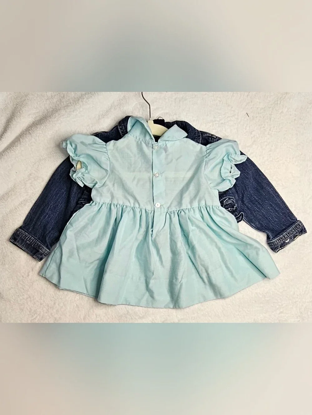 VTG Toddler Outfit Set: Genuine Kids OshKosh Ruffle Denim Jacket 18M & Aqua